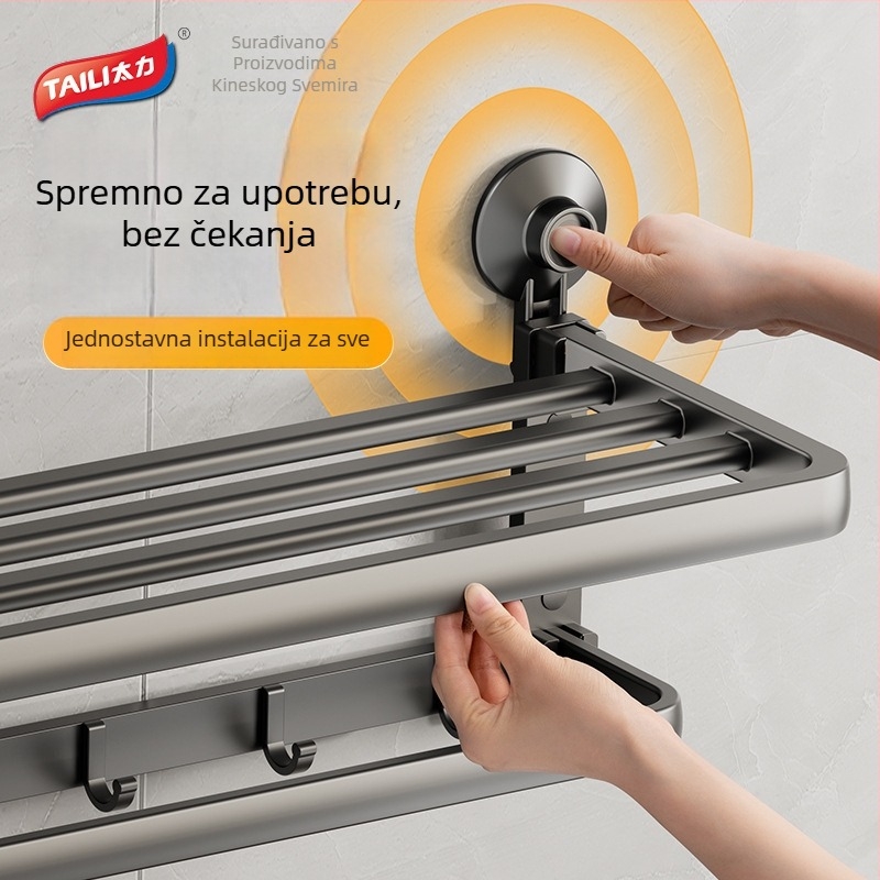 Držač za ručnike u kupaonici, dvostruka šipka, bez bušenja, sklopni, aluminij AW837