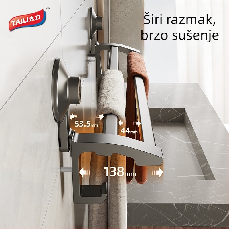 Držač za ručnike u kupaonici, dvostruka šipka, bez bušenja, sklopni, aluminij AW837