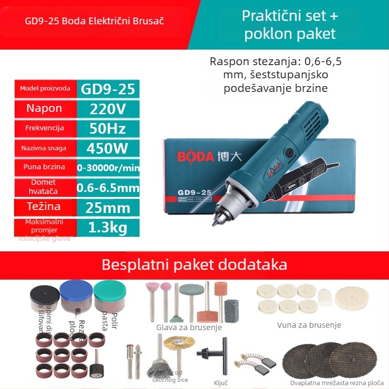 Boda električna brusilica za kamen, drvorezbu i korijensku rezbarenje — podesiva brzina, 220 V, 2,5 m kabel, 1,8 kg