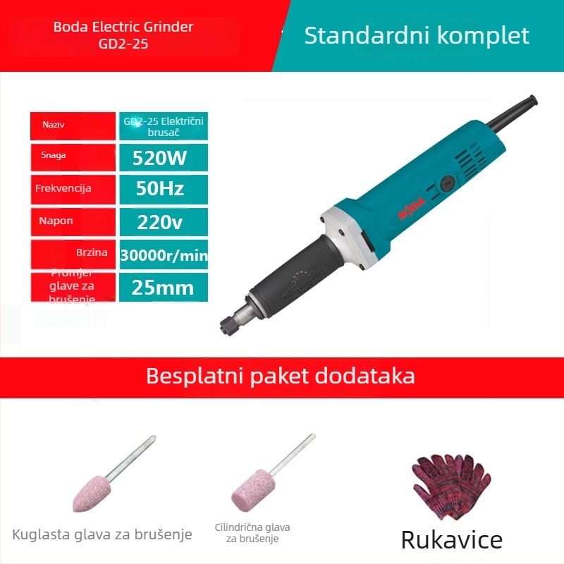 Boda električna brusilica za kamen, drvorezbu i korijensku rezbarenje — podesiva brzina, 220 V, 2,5 m kabel, 1,8 kg