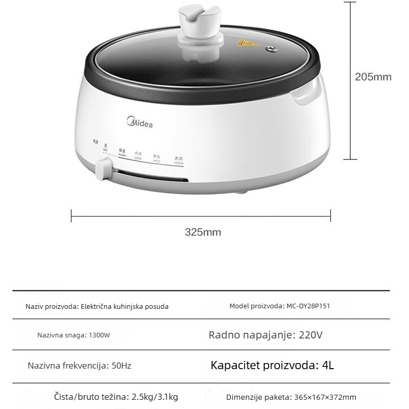 Midea električni lonac za kuhanje, 4 L, višenamjenski električni wok, jednostavan za čišćenje DY28P151