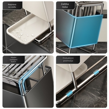Stalak za nože od nehrđajućeg čelika s držačem za štapiće, za ploču ili zidni montažu, pravokutni dizajn
