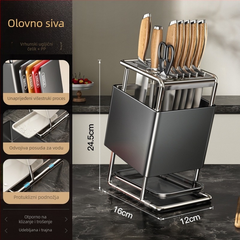 Stalak za nože od nehrđajućeg čelika s držačem za štapiće, za ploču ili zidni montažu, pravokutni dizajn