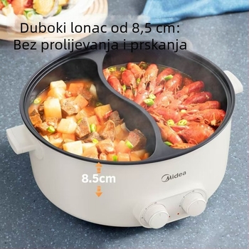 Midea električni lonac s više funkcija, nelepajući unutarnji, 6 L kapaciteta, 1500 W, funkcije parenje/prženje/kuhanje, upravljanje gumbom, zaštita od sušenja