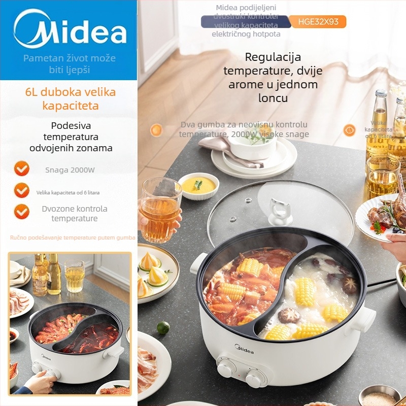 Midea električni lonac s više funkcija, nelepajući unutarnji, 6 L kapaciteta, 1500 W, funkcije parenje/prženje/kuhanje, upravljanje gumbom, zaštita od sušenja