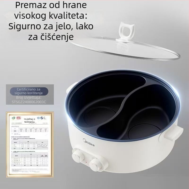 Midea električni lonac s više funkcija, nelepajući unutarnji, 6 L kapaciteta, 1500 W, funkcije parenje/prženje/kuhanje, upravljanje gumbom, zaštita od sušenja