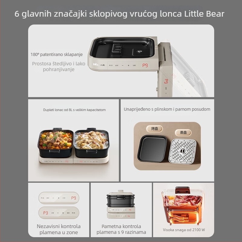 Bear Električna pot s podijeljenim Yin–Yang dizajnom, 2100W, za 3–4 porcije, unutarnji lonac s premazom protiv lijepljenja, 220V