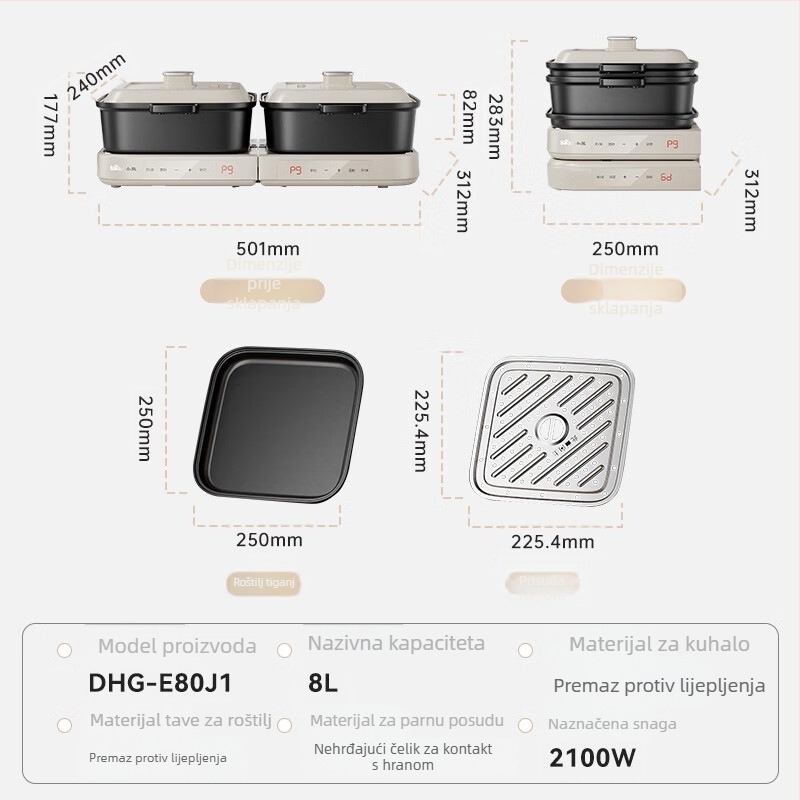 Bear Električna pot s podijeljenim Yin–Yang dizajnom, 2100W, za 3–4 porcije, unutarnji lonac s premazom protiv lijepljenja, 220V