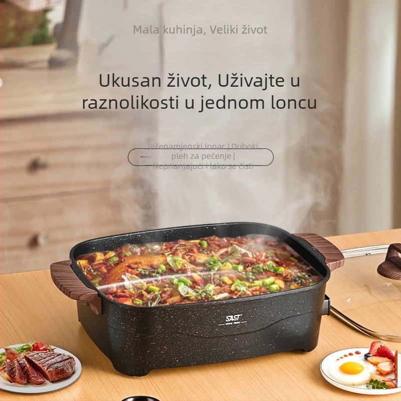 Električni višefunkcionalni lonac za kuhanje s regulacijom temperature i zaštitom od presušenja, tijelo od aluminijske legure, zapremina ≥6 l, snaga 1200–1500 W, upravljanje gumbom