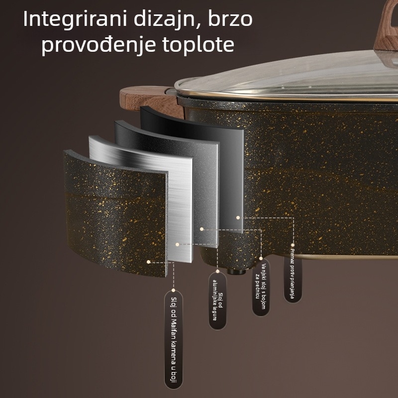 Električni višefunkcionalni lonac za kuhanje s regulacijom temperature i zaštitom od presušenja, tijelo od aluminijske legure, zapremina ≥6 l, snaga 1200–1500 W, upravljanje gumbom