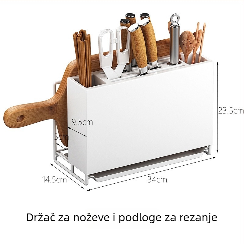 Držač noževa i kuhinjski skladišni stalak — karbonsko željezo, bez montaže, integrirana ploča za rezanje i držač za štapiće, na stol ili zid, s odvajanjem