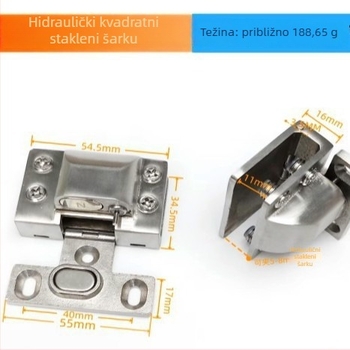 Hidraulična klips za staklena vrata bez rupa — za vitrine i ormariće za kućne ljubimce; 304 nerđajući čelik; za staklo debljine 5–8 mm; kut otvaranja 90°–180°