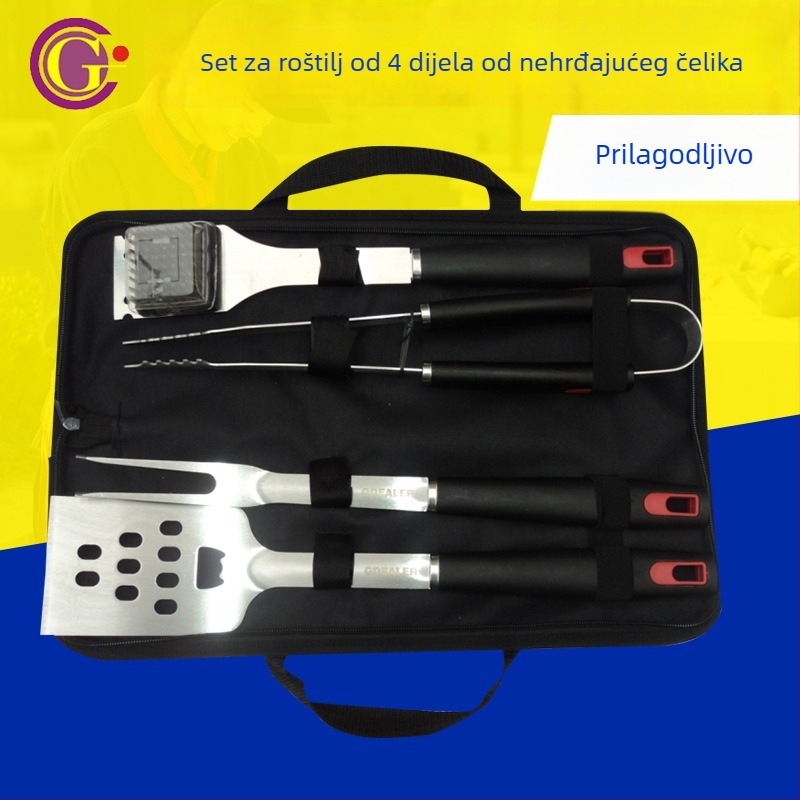 Set alata za roštilj od nehrđajućeg čelika, 4-djelni, s nožem, klipsom, četkom, vilicom i lopaticom – porijeklo Yangjiang