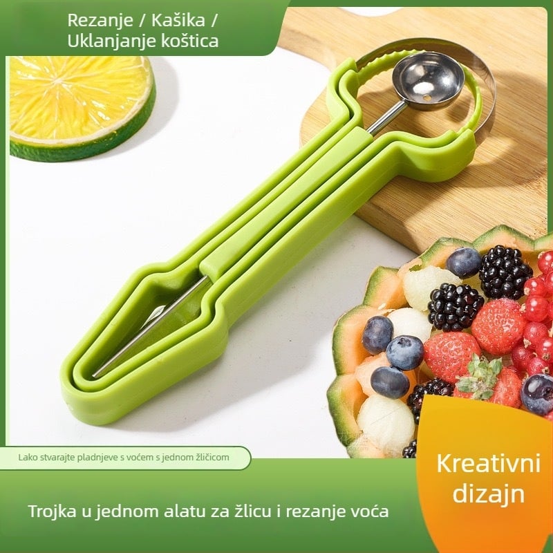 Tri u jedan alat za oblikovanje voćnih kuglica i vađenje pulpe – nehrđajući čelik, obrada i prilagodba, tiskanje logotipa, dopuštene privatne marke