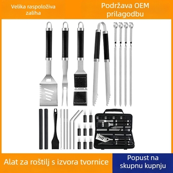 Set alata za roštilj od nehrđajućeg čelika: klipsa, četka, vilica i lopata – moderno minimalistički stil (Komponenti: Klipsa, Četka, Vilica, Lopata; Materijal: Nehrđajući čelik; Stil: Moderno i minimalistički)