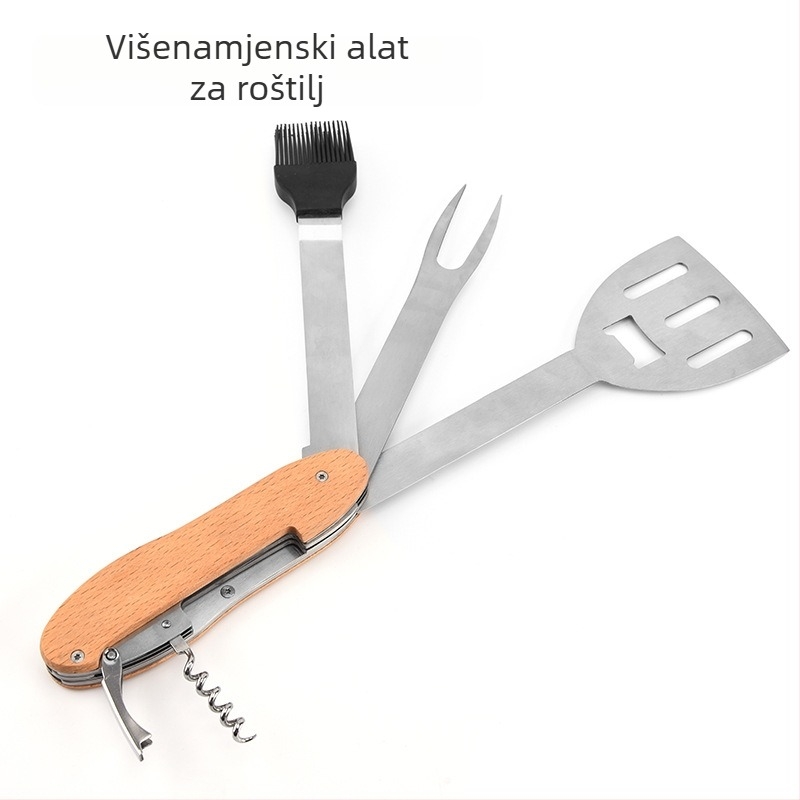 Višenamjenski set alata za roštilj s drvenim ručkama od nehrđajućeg čelika i drveta; Četka, Vilica, Špatula; Sklopivo i prenosno; Stil: moderni minimalistički (Materijali: Nehrđajući čelik, Drvo; Komponente: Četka, Vilica, Špatula; Sklopivo; Prenosno)