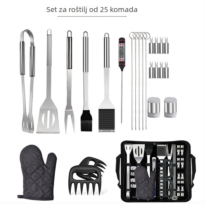 OEM 25-dijelni set BBQ alata s torbom od Oxford tkanine, nehrđajući čelik (drška 410, hardver 420); uključuje rukavice, nož, četku, znak, lopatu