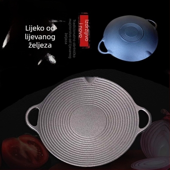 Okrugla tepsija od lijevanog željeza za teppanyaki, korejskog stila, s dvije drške, prijenosna za kampiranje i kuhanje na otvorenom