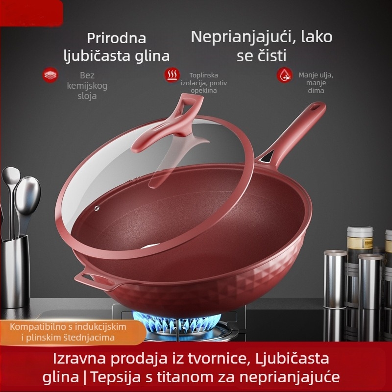 Wok s nelepivim premazom bez fluora, trostrukim dnom, aluminijskim tijelom, staklenim poklopcem, kompatibilan sa svim pločama štednjaka