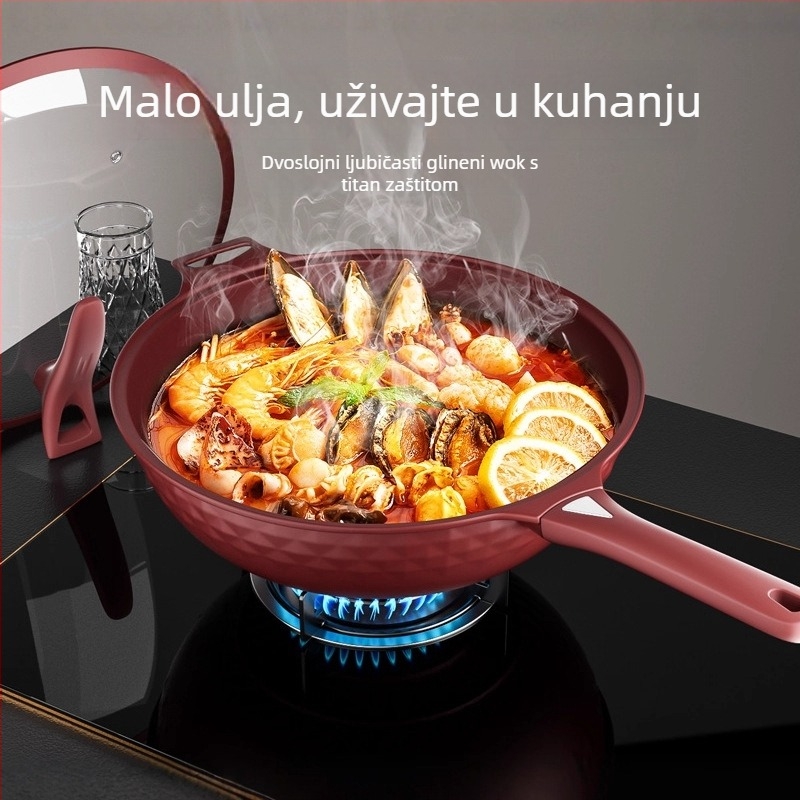 Wok s nelepivim premazom bez fluora, trostrukim dnom, aluminijskim tijelom, staklenim poklopcem, kompatibilan sa svim pločama štednjaka