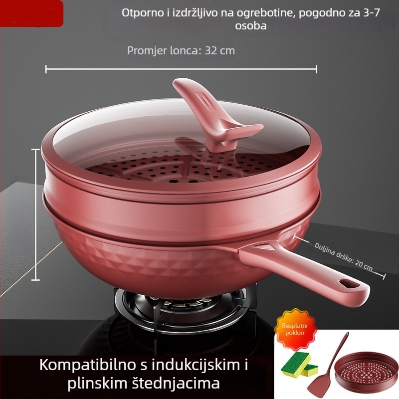 Wok s nelepivim premazom bez fluora, trostrukim dnom, aluminijskim tijelom, staklenim poklopcem, kompatibilan sa svim pločama štednjaka