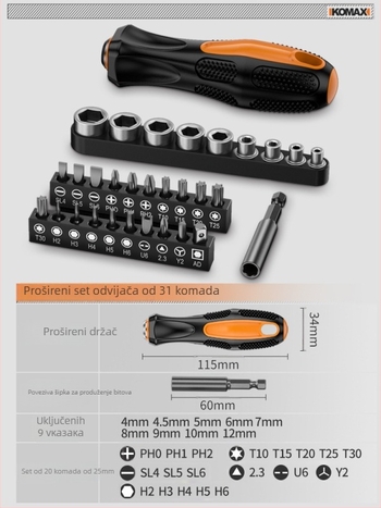 Set odvijača od ugljičnog čelika s mehanizmom zatezača (ratchet) i višebitnim opcijama, uključuje verzije 19-u-1 i 9-u-1 te električni odvijač od 3,6 V s magnetnim bitovima
