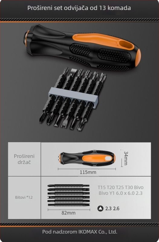 Set odvijača od ugljičnog čelika s mehanizmom zatezača (ratchet) i višebitnim opcijama, uključuje verzije 19-u-1 i 9-u-1 te električni odvijač od 3,6 V s magnetnim bitovima