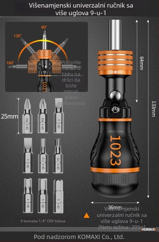 Set odvijača od ugljičnog čelika s mehanizmom zatezača (ratchet) i višebitnim opcijama, uključuje verzije 19-u-1 i 9-u-1 te električni odvijač od 3,6 V s magnetnim bitovima