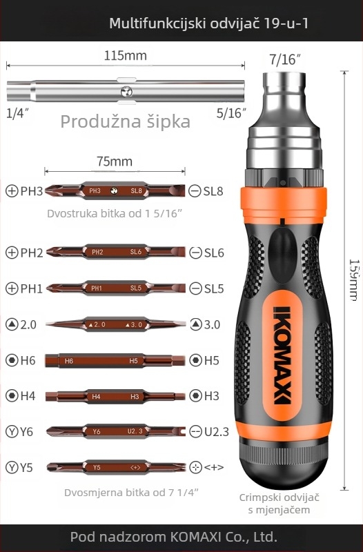 Set odvijača od ugljičnog čelika s mehanizmom zatezača (ratchet) i višebitnim opcijama, uključuje verzije 19-u-1 i 9-u-1 te električni odvijač od 3,6 V s magnetnim bitovima