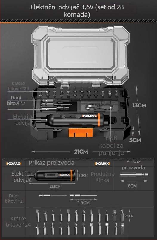 Set odvijača od ugljičnog čelika s mehanizmom zatezača (ratchet) i višebitnim opcijama, uključuje verzije 19-u-1 i 9-u-1 te električni odvijač od 3,6 V s magnetnim bitovima