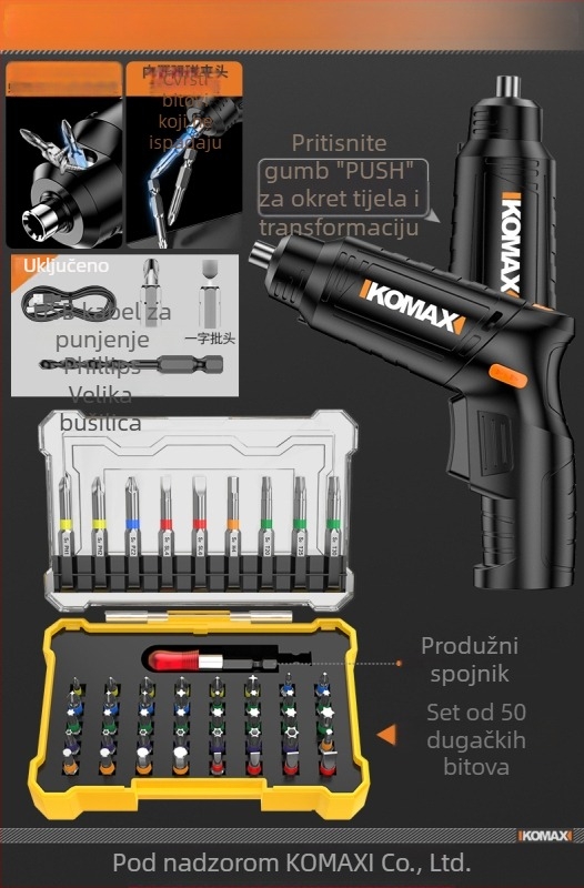 Set odvijača od ugljičnog čelika s mehanizmom zatezača (ratchet) i višebitnim opcijama, uključuje verzije 19-u-1 i 9-u-1 te električni odvijač od 3,6 V s magnetnim bitovima