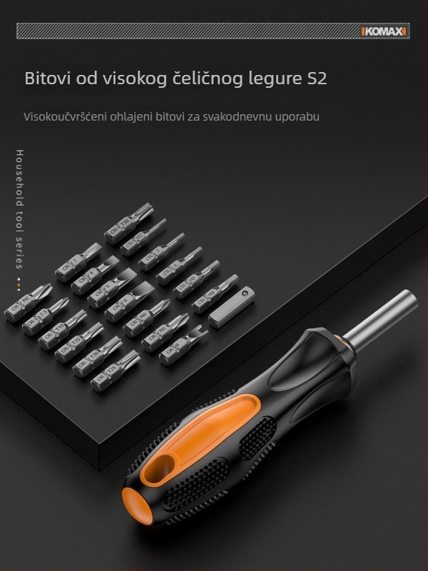 Set odvijača od ugljičnog čelika s mehanizmom zatezača (ratchet) i višebitnim opcijama, uključuje verzije 19-u-1 i 9-u-1 te električni odvijač od 3,6 V s magnetnim bitovima