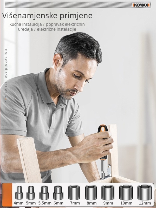 Set odvijača od ugljičnog čelika s mehanizmom zatezača (ratchet) i višebitnim opcijama, uključuje verzije 19-u-1 i 9-u-1 te električni odvijač od 3,6 V s magnetnim bitovima