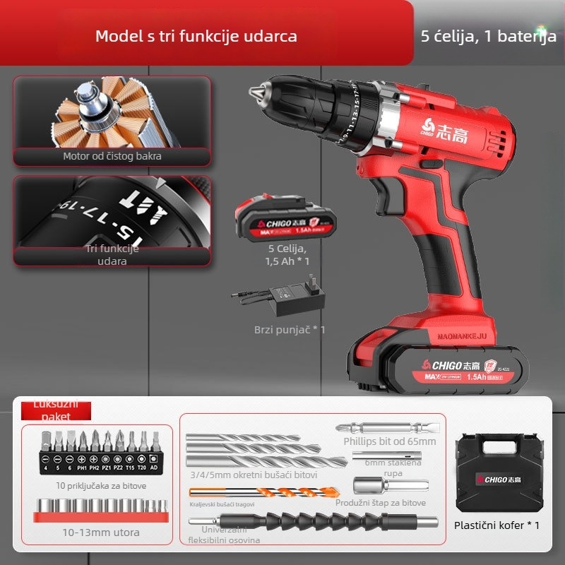 Beščetkasta bežična bušilica - 18-21V, pištolna drška, neprekidna regulacija brzine, samouzamljivajući čahur, naprijed/natrag