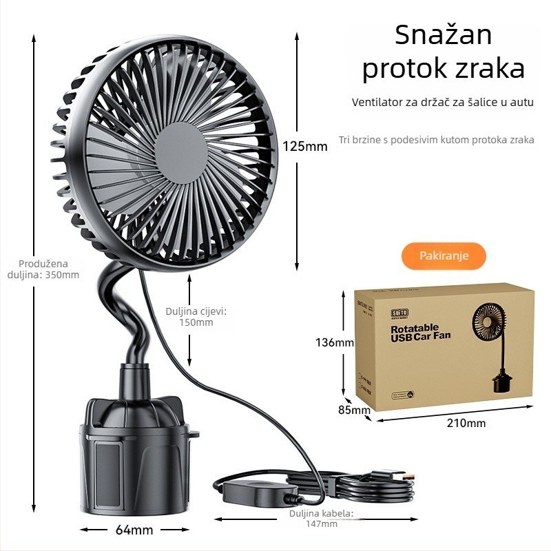 Shun Wei Automobilski ventilator s jednom glavom za držač čaše, 5W, model R-8050, ABS