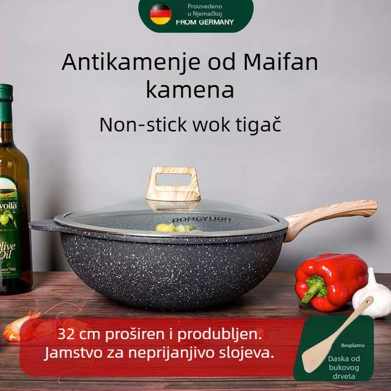 Wok s Maifan kamenom i premazom protiv lijepljenja, stakleni poklopac, model DY-1886, aluminij, dubina 11 cm, težina 2,2 kg