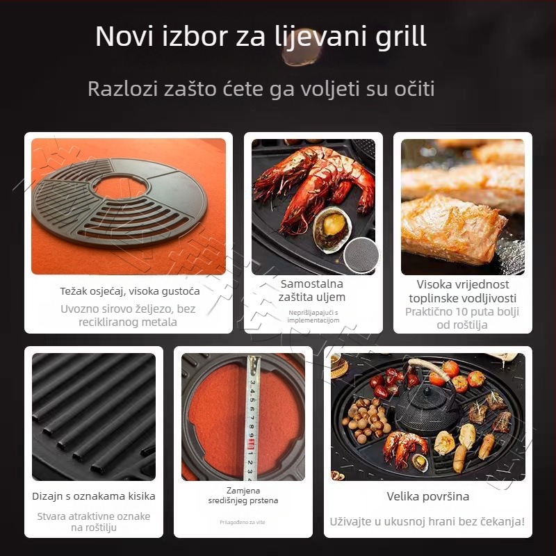 Lijevana ploča za BBQ od lijevanog željeza – bez premaza, korejski stil, brzo raspoređuje toplinu, kompatibilna s plinskim štednjakom