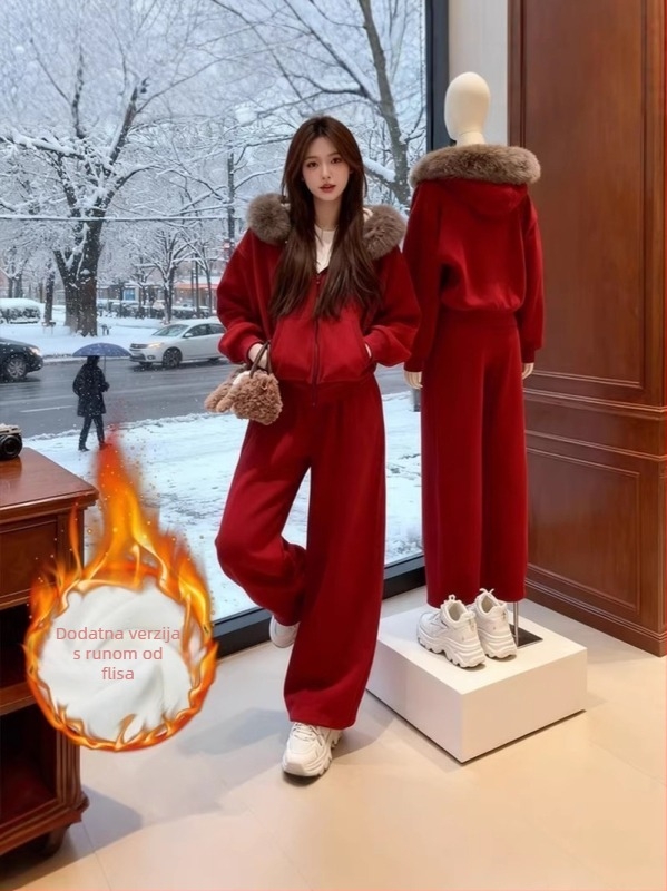 Ženski dvodijelni komplet s kapuljačom i dugim hlačama, kragnom od umjetnog krzna, 3D uzorak, poliester, zimska debljina