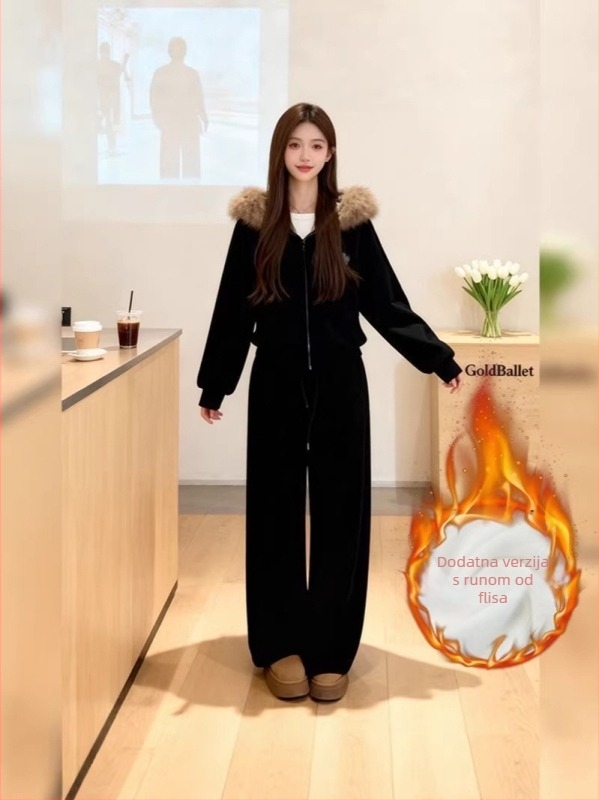 Ženski dvodijelni komplet s kapuljačom i dugim hlačama, kragnom od umjetnog krzna, 3D uzorak, poliester, zimska debljina