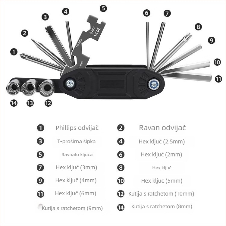 Captain Tas Set alata za popravak bicikla: šesterokutni ključevi, ključevi i nastavci, čelik, kombinirani paket