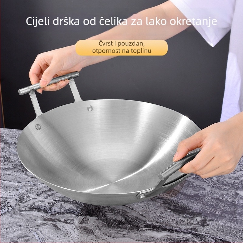 Wok od nehrđajućeg čelika 201, bez sredstva, s dvije ručke, konkavna površina, dubina ≥8 cm