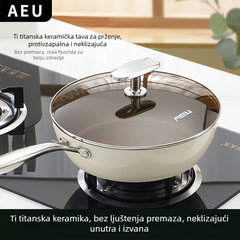 AEU Wok od titan-kristalne keramike s neprijanjajućim premazom, staklenim poklopcem, višeslojno dno, kompatibilan s općim pločama