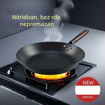 Tiganj od kovanog željeza s nitridnom površinom, bez premaza, ravno dno, pogodan za plin i indukciju, za prženje i pečenje