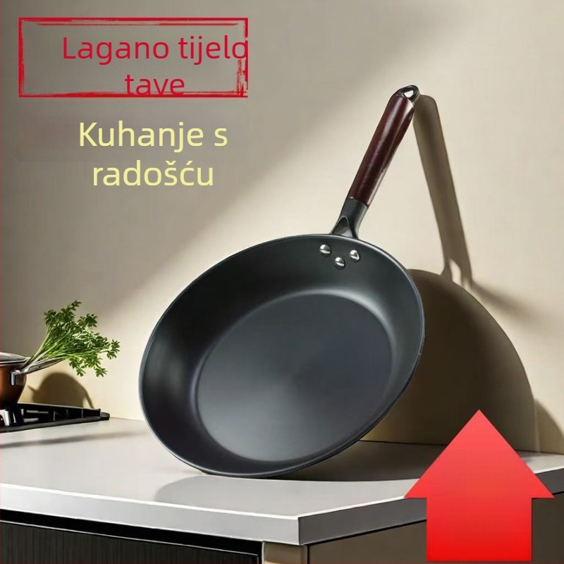 Tiganj od kovanog željeza s nitridnom površinom, bez premaza, ravno dno, pogodan za plin i indukciju, za prženje i pečenje