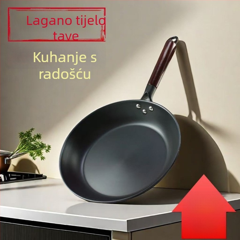 Tiganj od kovanog željeza s nitridnom površinom, bez premaza, ravno dno, pogodan za plin i indukciju, za prženje i pečenje
