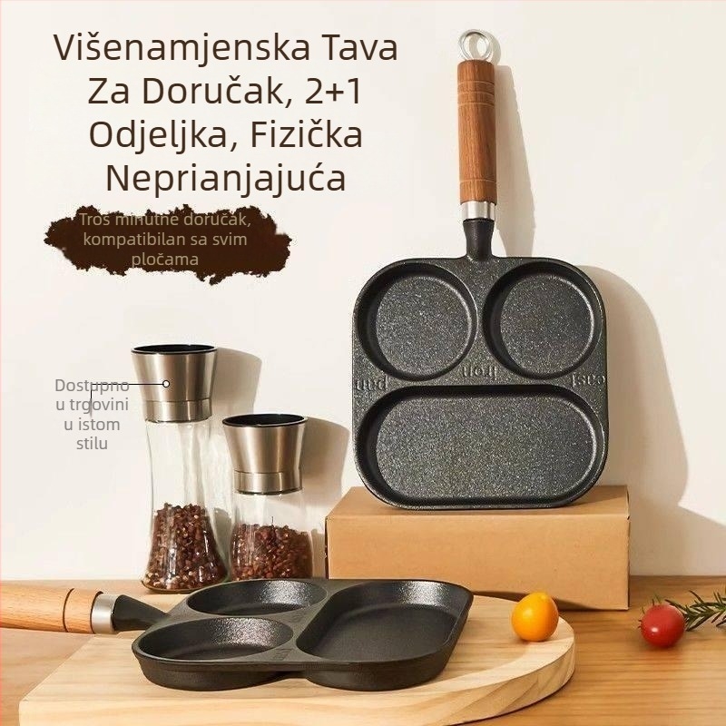 Ljevana tava za jaja s tri-u-jednom funkcijom i kalupom za hamburger, neprijanjajući premaz, kompatibilna s plinskim i indukcijskim pločama