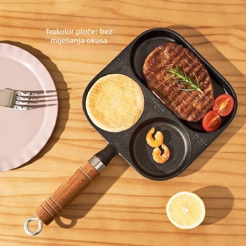 Ljevana tava za jaja s tri-u-jednom funkcijom i kalupom za hamburger, neprijanjajući premaz, kompatibilna s plinskim i indukcijskim pločama