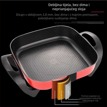Kvadratna električna lonac za kuhanje s neprijanjajućim unutarnjim loncem, kapacitet 5–6 L, snaga 801–1000 W, aluminijska legura, 2-u-1 lonac i roštilj, funkcije: paro, prženje, kuhanje, dinstanje, dubina unutarnje posude 9 cm, za 5–6 osoba