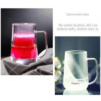 Pivska čaša s dvostrukim stijenkama od borosilikatnog stakla, s držalom, otporna na visoke temperature i održava hladnoću, mogućnost ispisa logotipa.