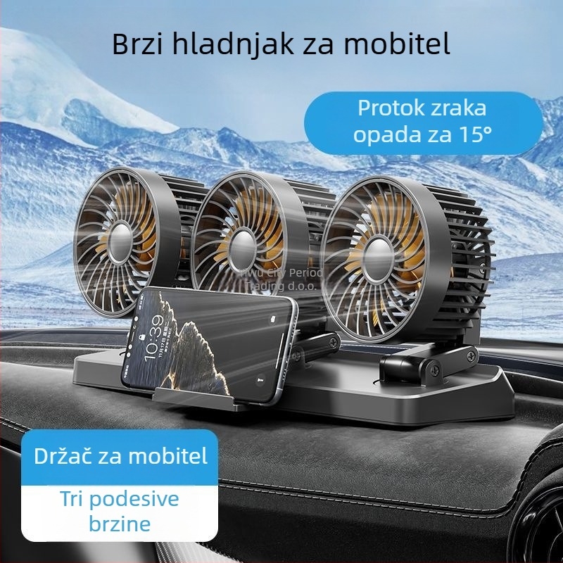 Automobilski ventilator s dvostrukom glavom za unutrašnjost (hlađenje; silikon kućište; napajanje 5V/12V/24V)